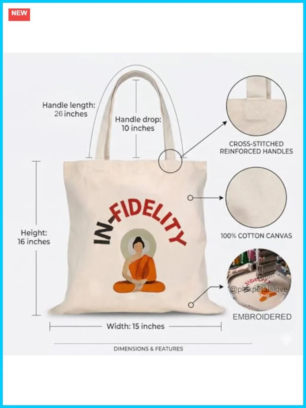 100% Cotton Canvas Tote - Embroidered Reusable Grocery Shopping Bag